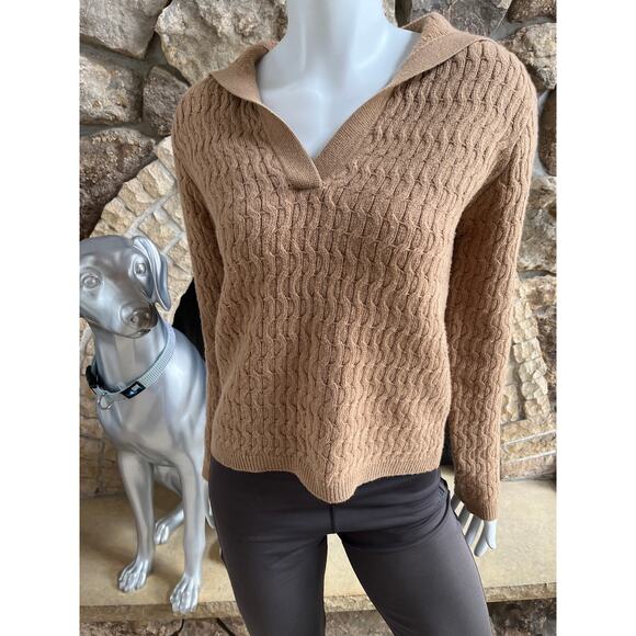 Theory Sweaters - Theory V-Neck Dimensional Polo Wool Cashmere Brown Sweater Women's Size Small
